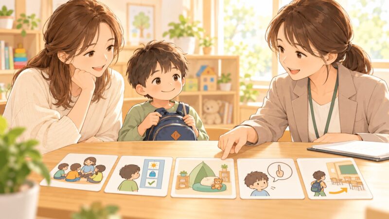 発達検査結果を見せながら子どもに必要な支援を就学相談で説明している母親のイラスト