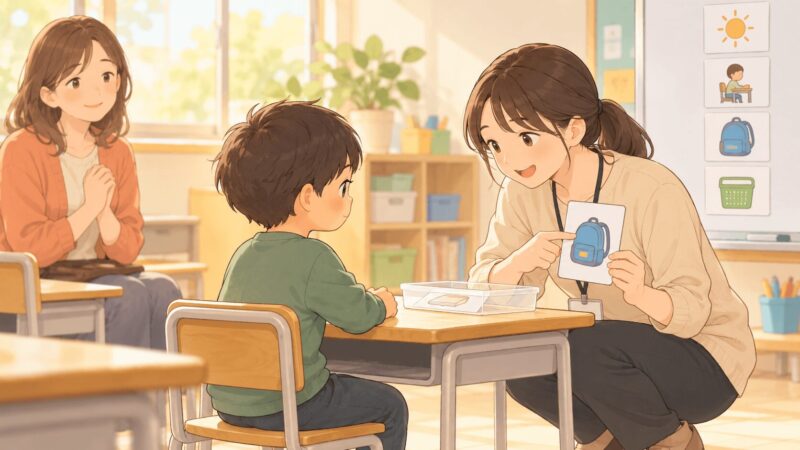 支援級の先生が絵カードを使って子どもに分かりやすく声かけしているイラスト