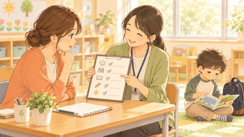 支援級見学後に母親が先生へ質問しながらチェックリストを確認しているイラスト