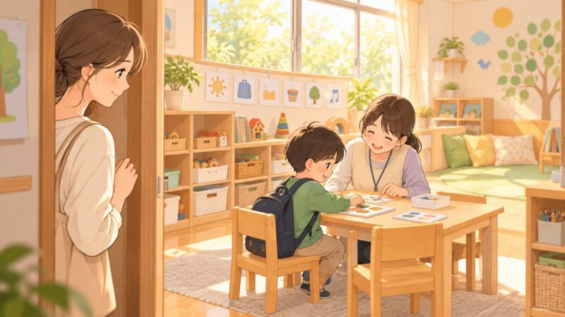 支援級見学で少人数の教室と先生の関わりを見て安心する母親のイラスト
