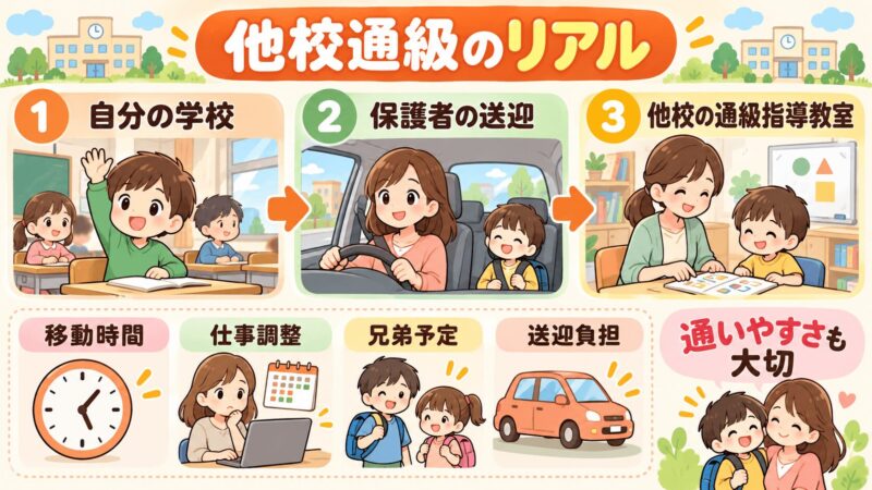 他校通級の流れと送迎負担をわかりやすくまとめた図解