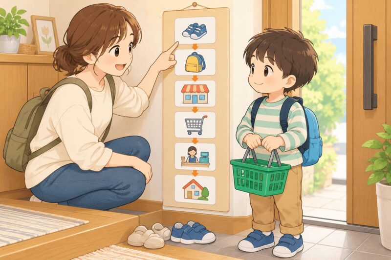買い物や外出の流れを絵カードで確認して見通しを持つ親子のイラスト