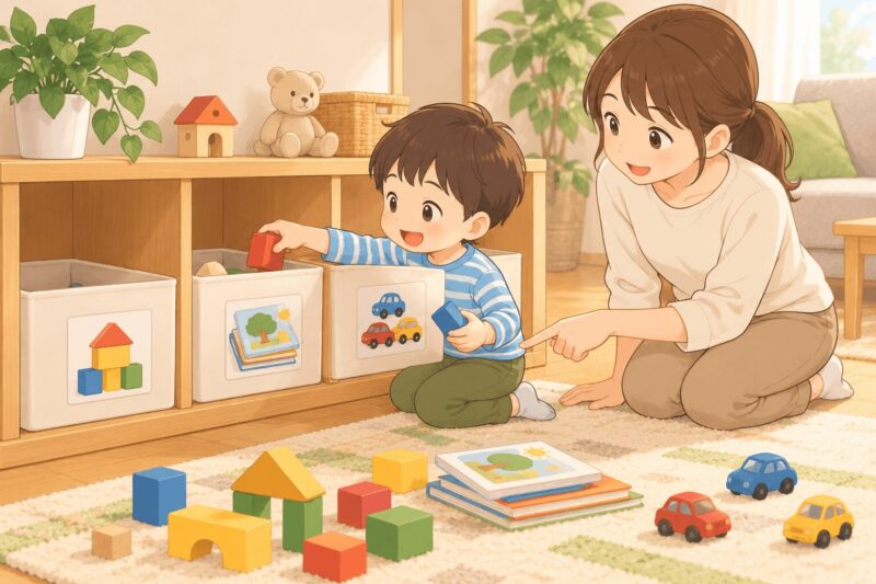 おもちゃ収納を写真ラベルで分かりやすくして片付けを支援するイラスト