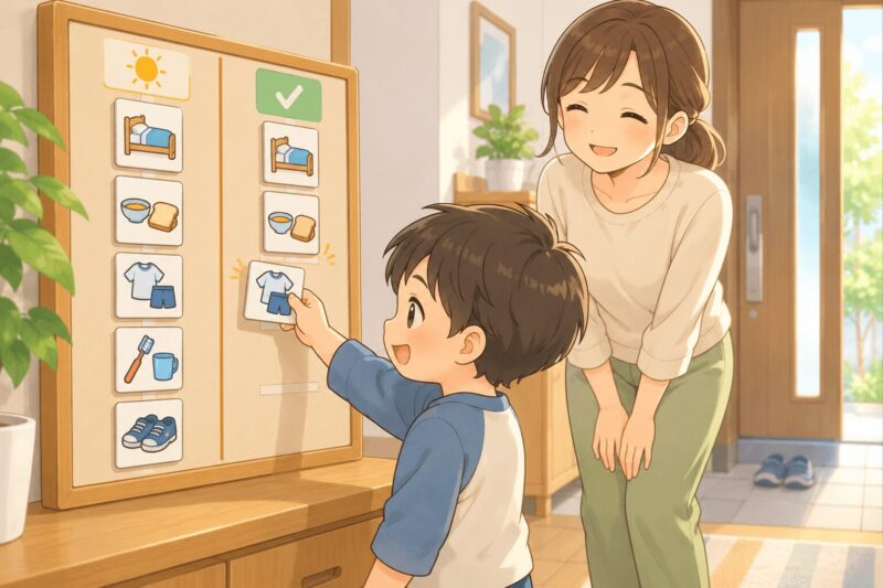ASDの子どもが視覚スケジュールを見ながら朝の準備を進めるイラスト