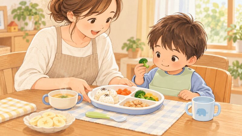 感覚過敏がある子どもに仕切り皿や温度調整で食事をサポートするイラスト