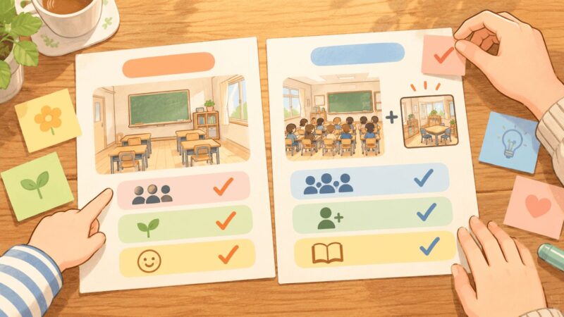 特別支援学級と通級指導教室の違いをカードで比較しているイラスト