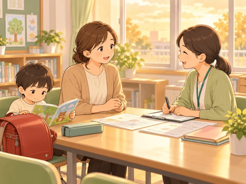 入学後に通級について担任の先生へ相談している親子のイラスト