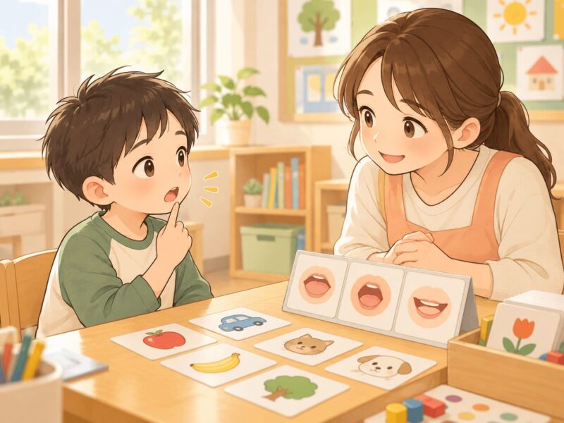 ことばの教室で吃音や発音の練習を安心して行う子どものイラスト