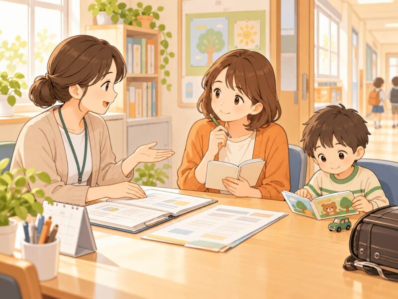 通級に入るため学校の先生へ相談している親子のイラスト