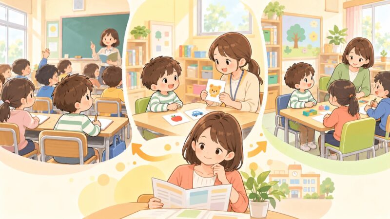 通常級・通級指導教室・支援級の違いを比較するイラスト