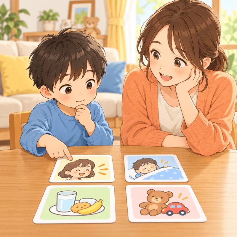 子どもに起こされたい方法を選択肢で聞く母親のイラスト