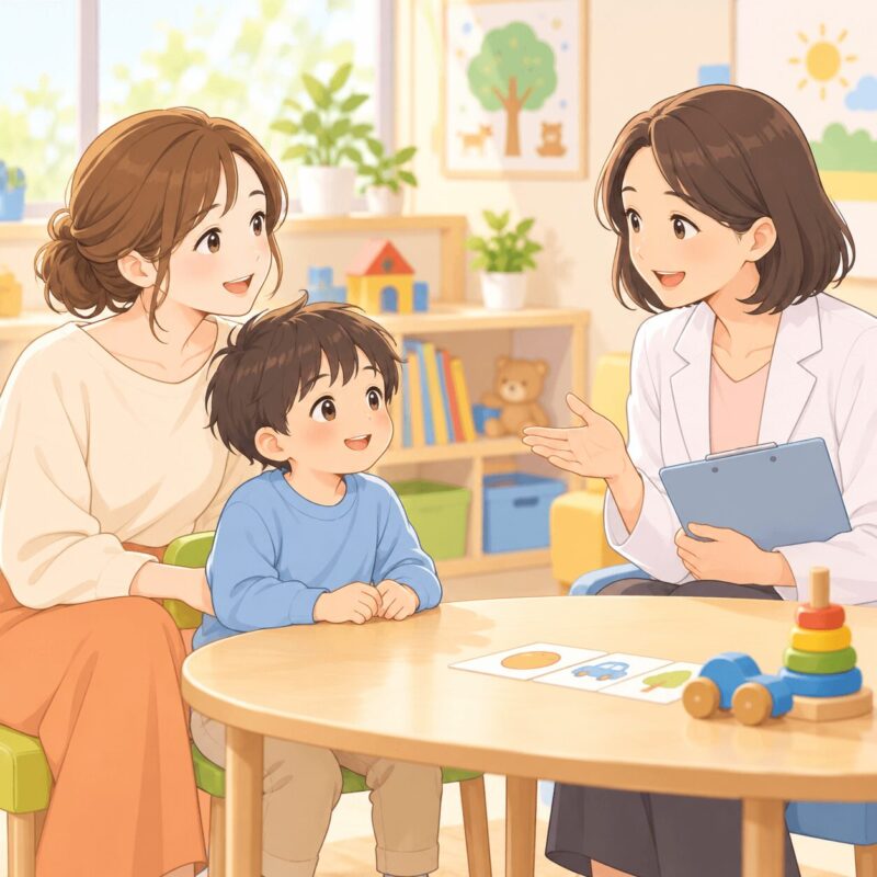 発達クリニックで寝起きの癇癪について相談する親子のイラスト