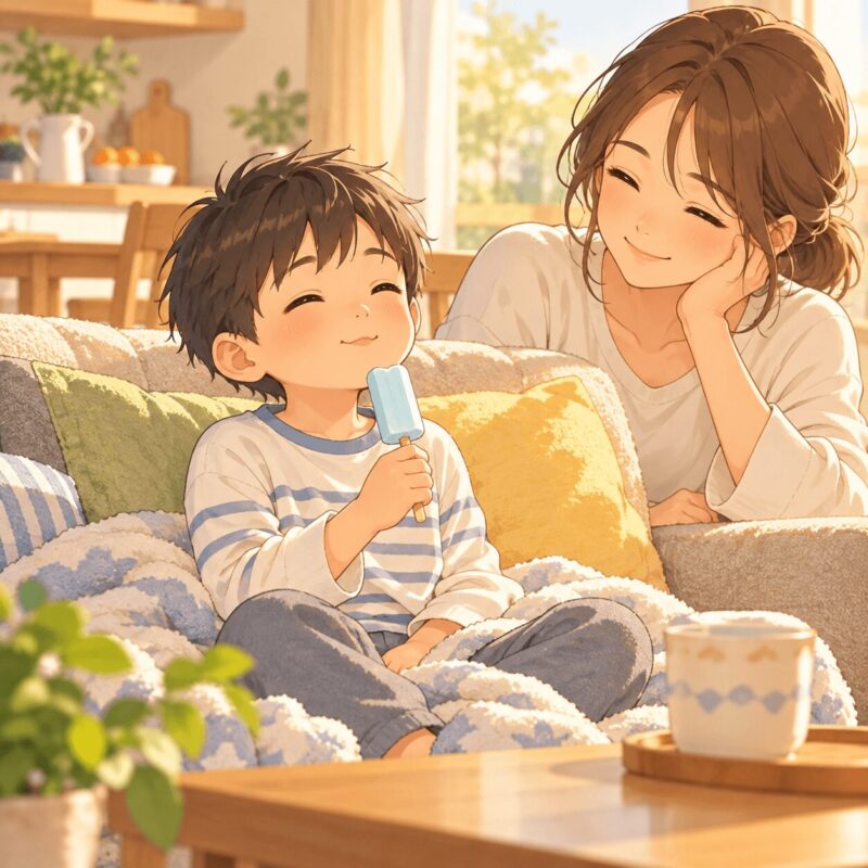 寝起き後に棒アイスで気持ちを切り替える子どもと見守る母親のイラスト