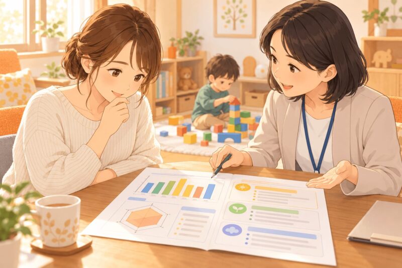 WISC検査の報告書を見ながら子どもの強みと苦手さを説明してもらうイラスト