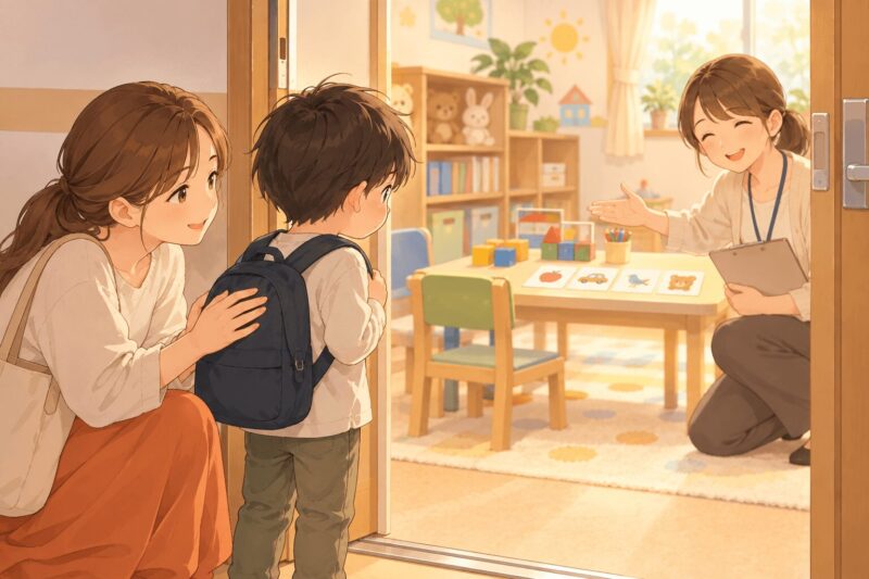 WISC検査当日に親子分離で検査室へ入る子どもを母親が励ますイラスト