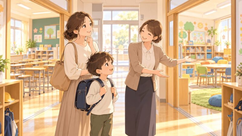 WISC結果を参考に小学校で安心して学べる環境を見学する親子のイラスト