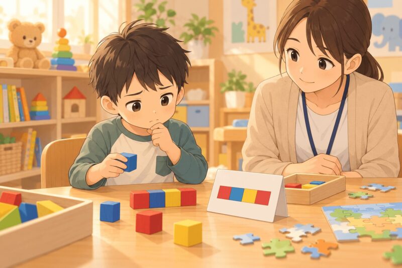 発達検査で積み木やパズル課題に考えながら取り組む子どものイラスト