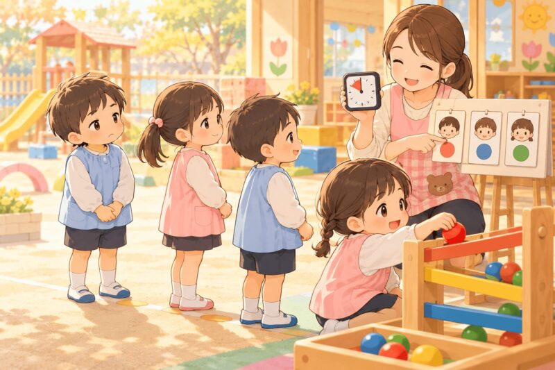 幼稚園で順番を待つ子どもに先生がタイマーやカードで見通しを伝えるイラスト