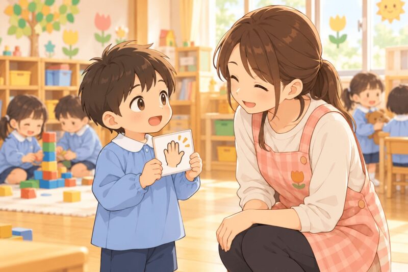 幼稚園で子どもが助けてカードを使って先生に相談するイラスト