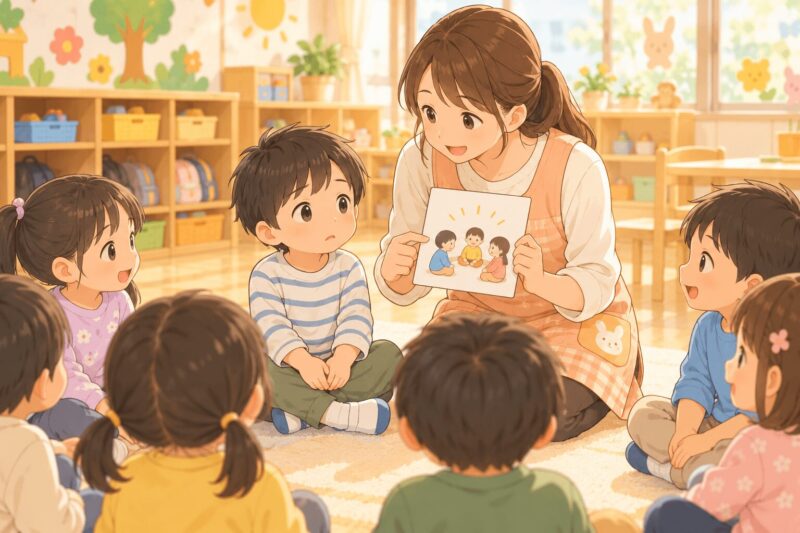 幼稚園の集団活動で戸惑う子どもに先生が絵カードで説明するイラスト