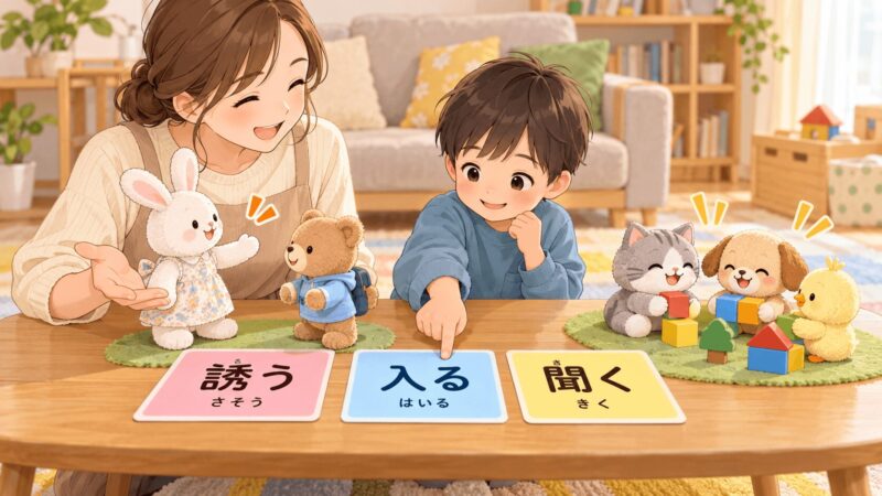 誘う・入る・聞くの色カードを使って言葉のニュアンスを練習する親子のイラスト